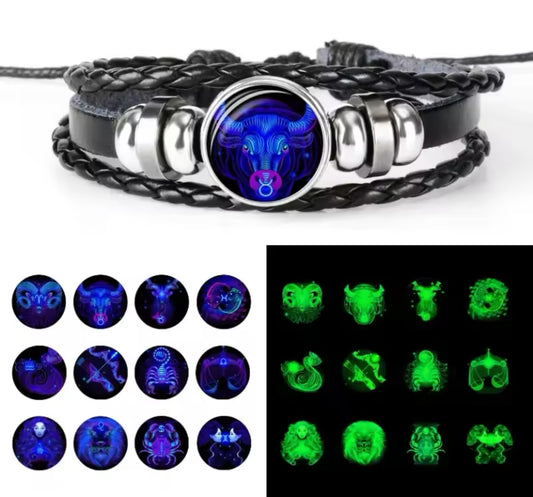 12 Constellation Zodiac Sign Black Braided Leather Bracelet Cancer Leo Virgo Libra Woven Glass D