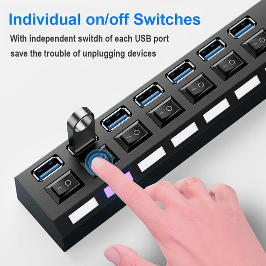 USB Hub - Multi-Port USB Splitter with Power Adapter, 4/7 Ports, Switch, and 30CM Cable - Ideal for Home Use