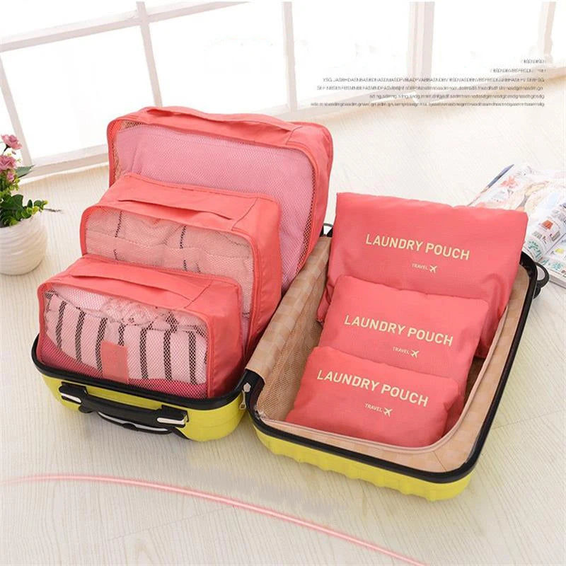 6-Piece Set of Pink/Blue/Grey Travel Storage Bags - Large Waterproof Bags for Luggage, Clothing, and Underwear with Zipper