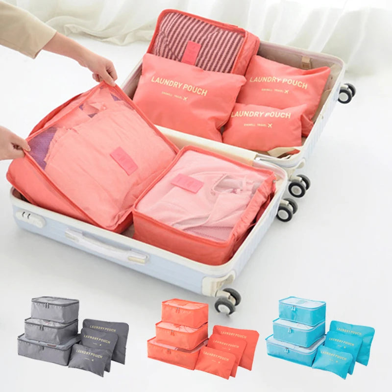 6-Piece Set of Pink/Blue/Grey Travel Storage Bags - Large Waterproof Bags for Luggage, Clothing, and Underwear with Zipper